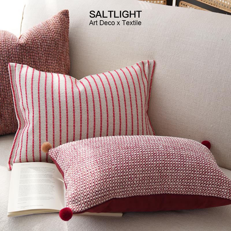 淡盐代简约皮毛球酒现JUD红色纹腰枕理枕客厅沙发装饰头