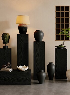 诧寂风方形木墩原木花架摆件底座新中式客厅茶室玄关落地造景摆件