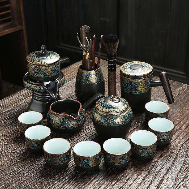 琅彩天目建珐盏石缠枝莲-0磨懒用人自动茶具套家金叶子陶瓷功夫茶