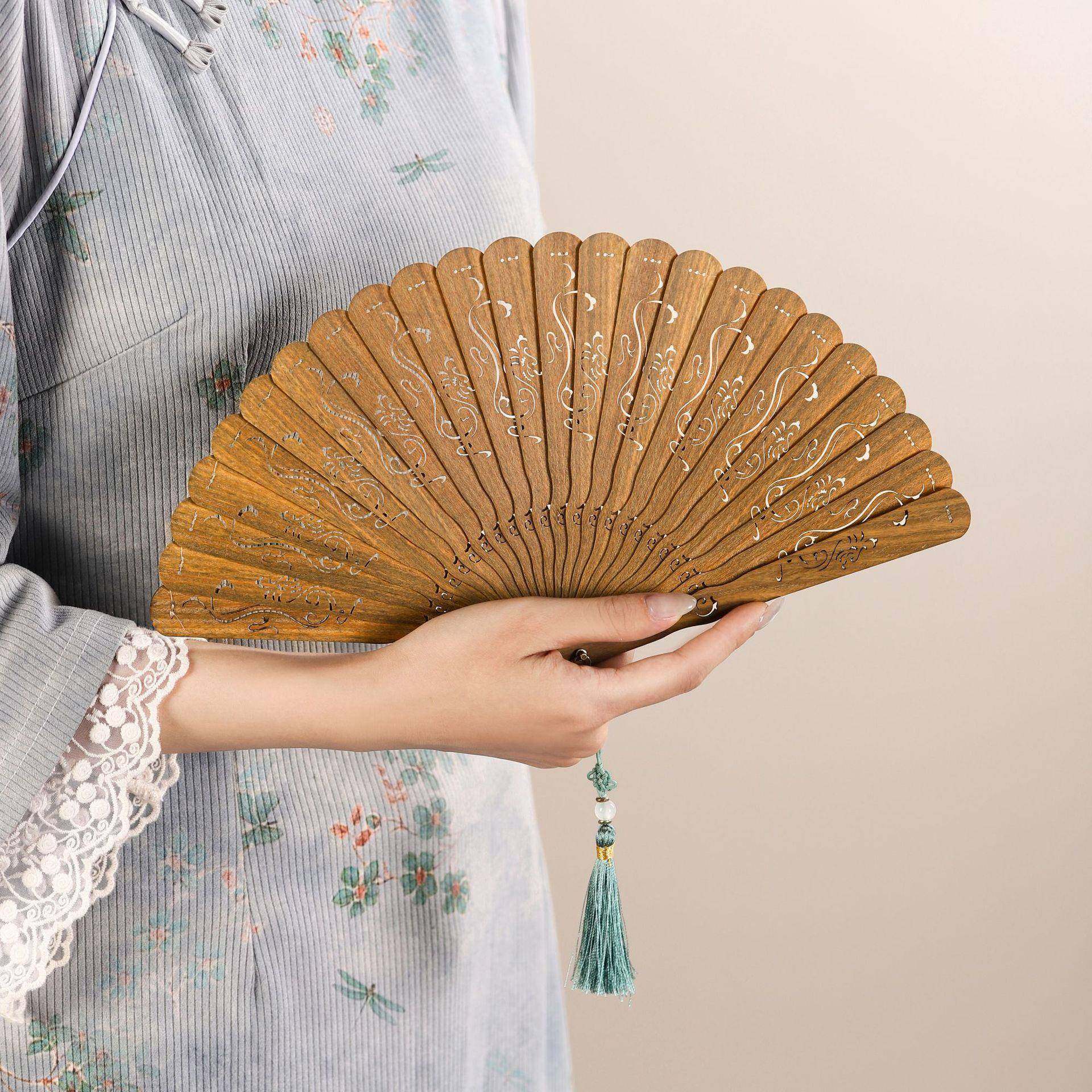 古阿廷绿檀苏扇子折扇实香木镂空根雕【龙凤呈刻非遗风檀扇