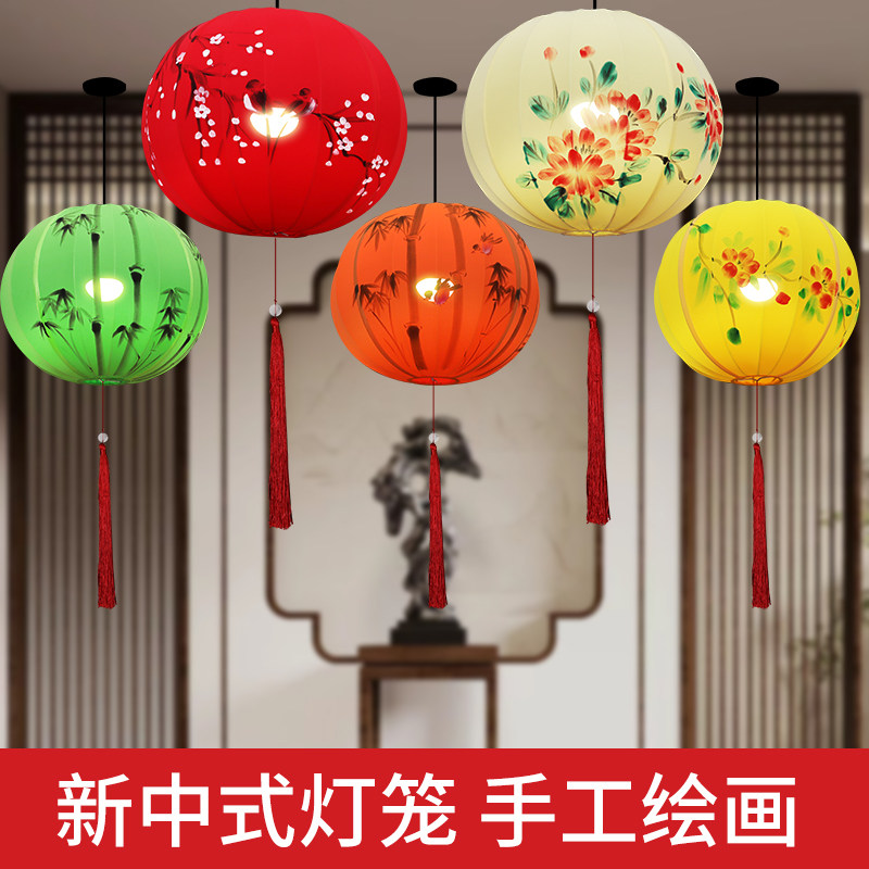 圆形灯笼新中式弹力布艺手工绘画庭院走廊发光别墅装饰七彩色灯笼