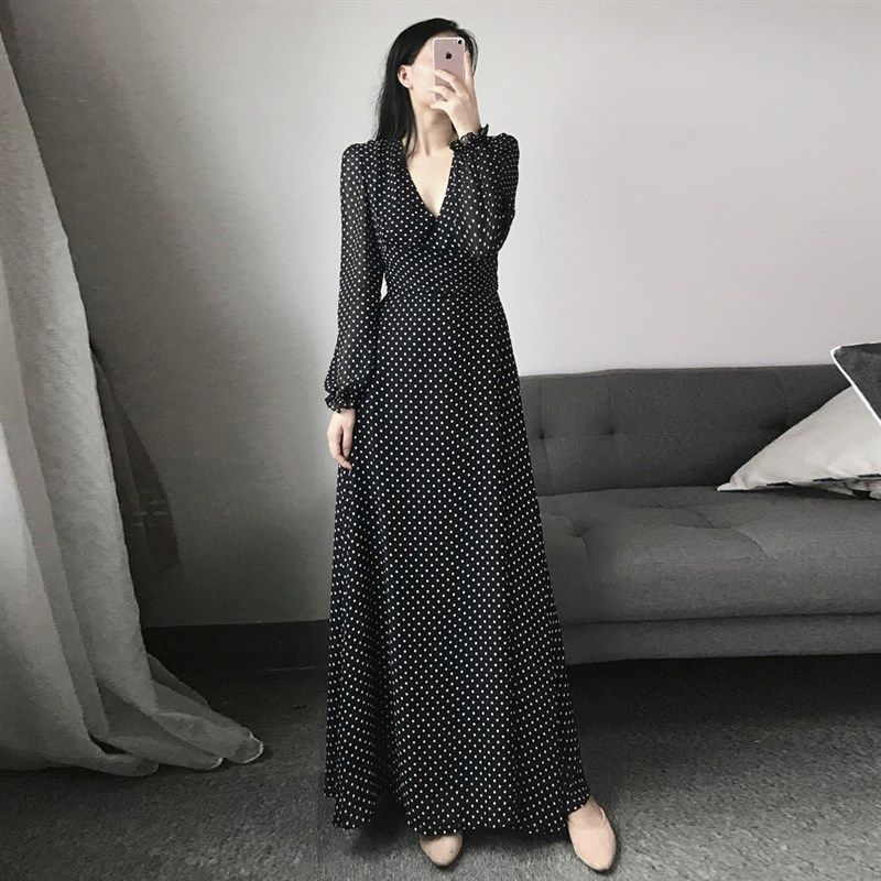高个子连衣裙气质夏 超长款到脚踝内搭裙子 波点雪纺长袖v领长裙