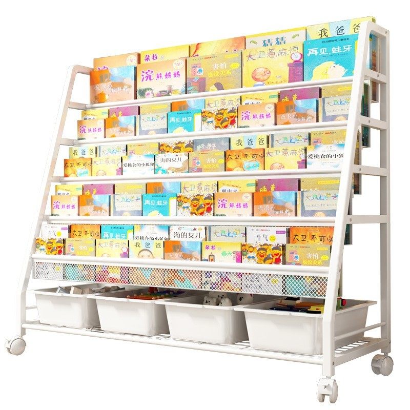 儿童书架室内阅读区玩具绘本书报架简易收纳架铁艺小型带轮置物架