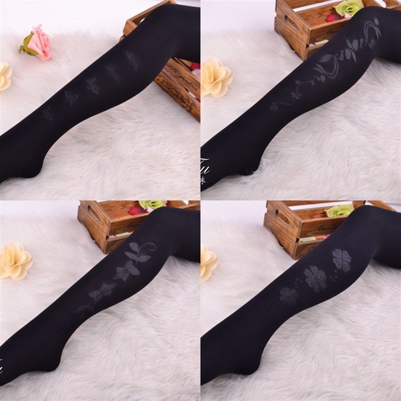 黑色丝袜提花春秋季中厚连裤袜防勾丝打底袜女薄款踩脚带图案花纹