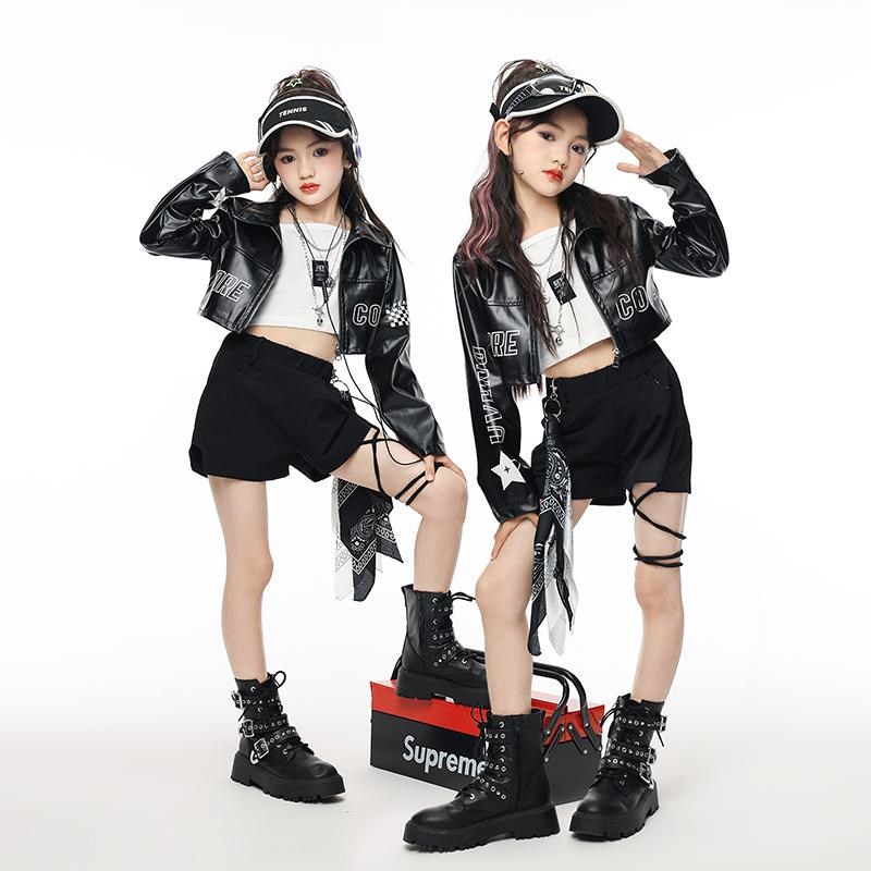 秋季儿童机车风街舞嘻哈表演服女童T台走秀皮衣JAZZ演出服套装潮