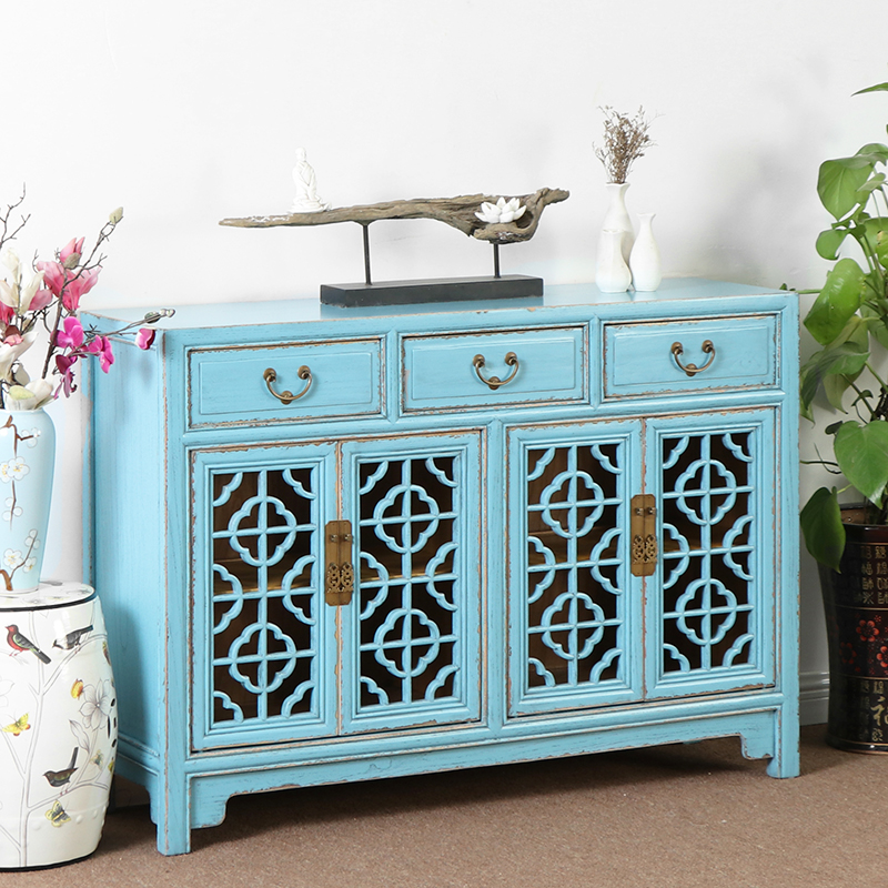 新中式仿古做旧鞋柜 镂空花格榆木实木餐边柜柜 古典风隔断储物柜