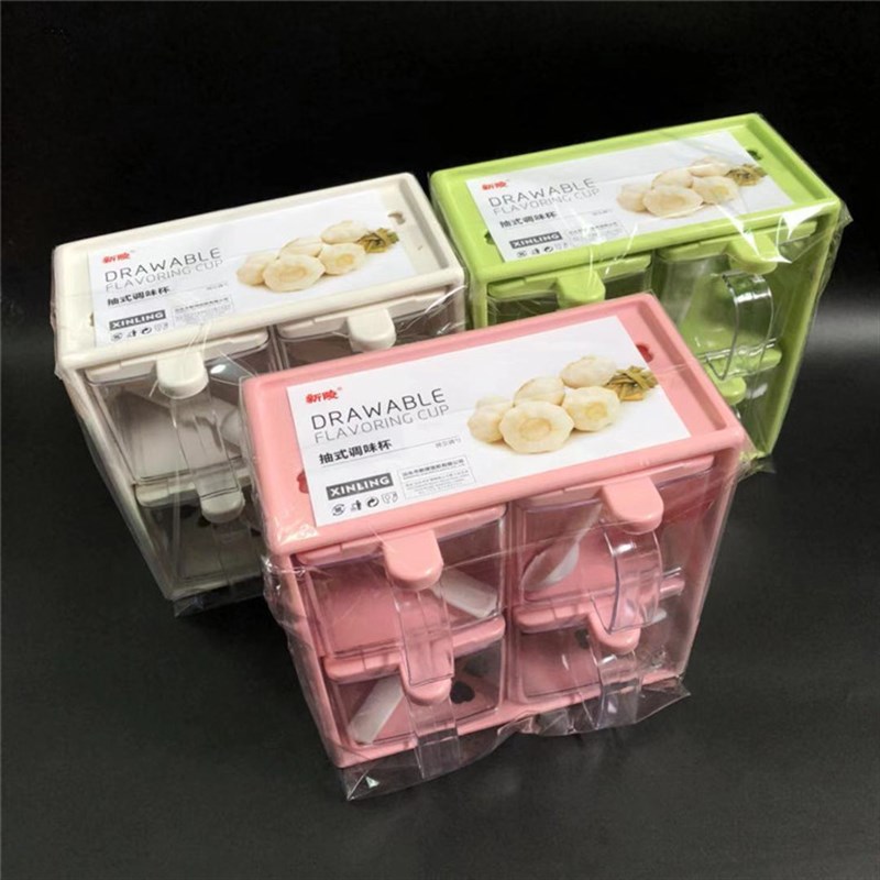 包邮 抽屉式调料盒厨房多用调味盒4格分格卫生带匙更味盒上下两层