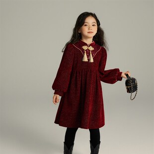 沫沫家冬装童装女童2024秋冬季新款休闲洋气立领连衣裙