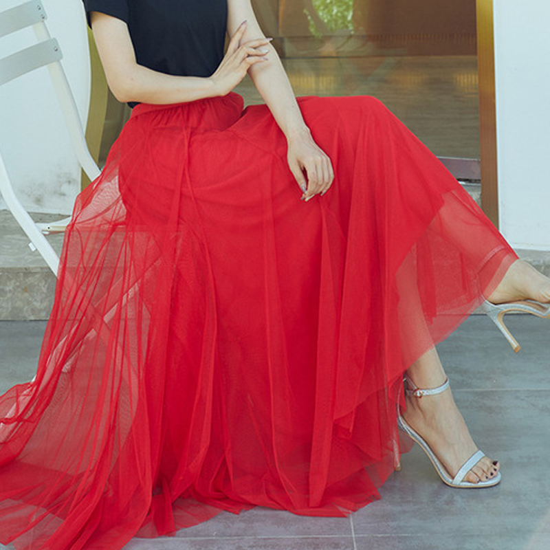 午后骄阳广场舞裙子红色网纱裙春夏女75高腰85厘米大摆长裙90厘米