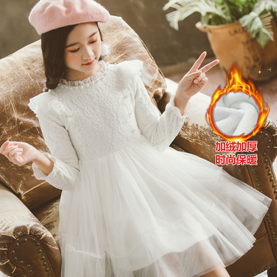 儿童红色公主裙女童加绒加厚连衣裙白色演出服中大童秋冬婚纱裙子