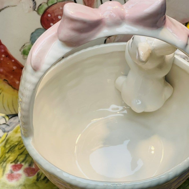陶瓷兔子女生可爱装饰摆件卡通钥匙收纳玄关摆设立体篮子小宠沙盆