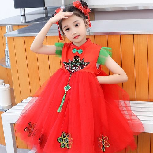 儿童演出服女童开场舞合唱喜庆连衣裙表演服幼儿梦娃舞蹈蓬蓬纱裙