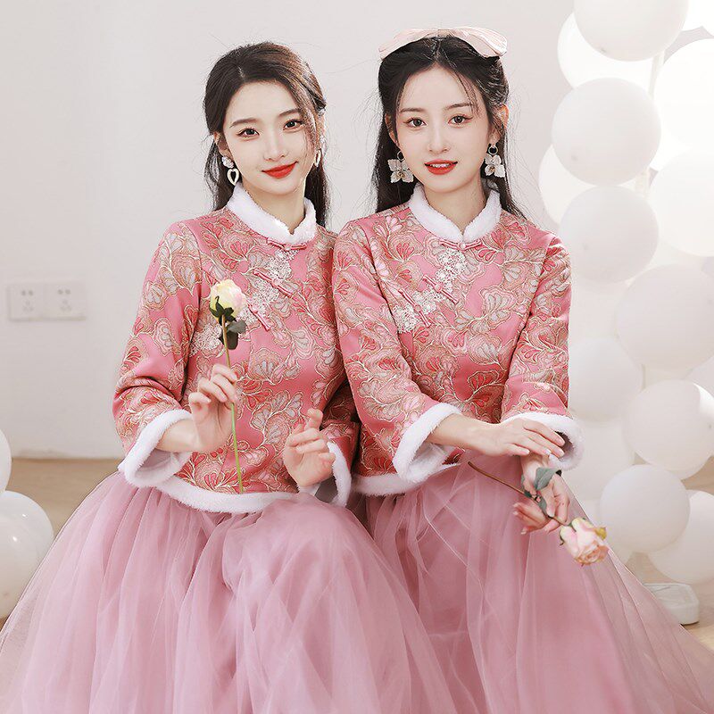 伴娘服中式2024新款冬季结婚显瘦礼服小个子国风汉服姐妹团伴娘裙