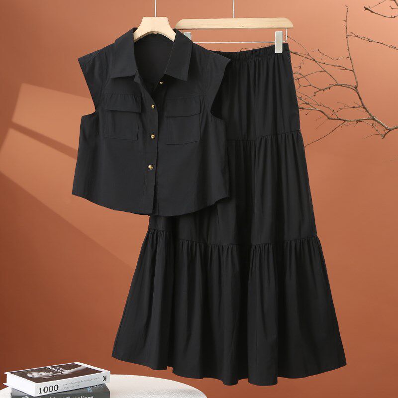 时尚半身裙套装女夏季薄款2025年新款气质无袖短款衬衫裙子两件套