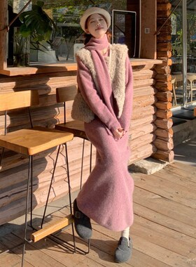 大码女装2024冬季胖mm法式高级设计感紫色毛衣半身裙毛毛马甲套装