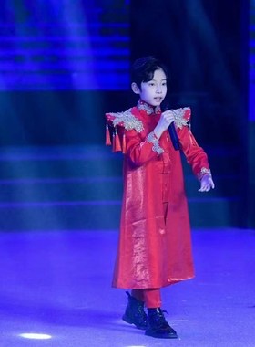 男童高端红色国风礼服套装儿童国潮T台走秀主持演出服中大童霸气