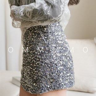短裙 百搭a字包臀裙性感时尚 银色亮片高腰半身女裙子2024春装 新款