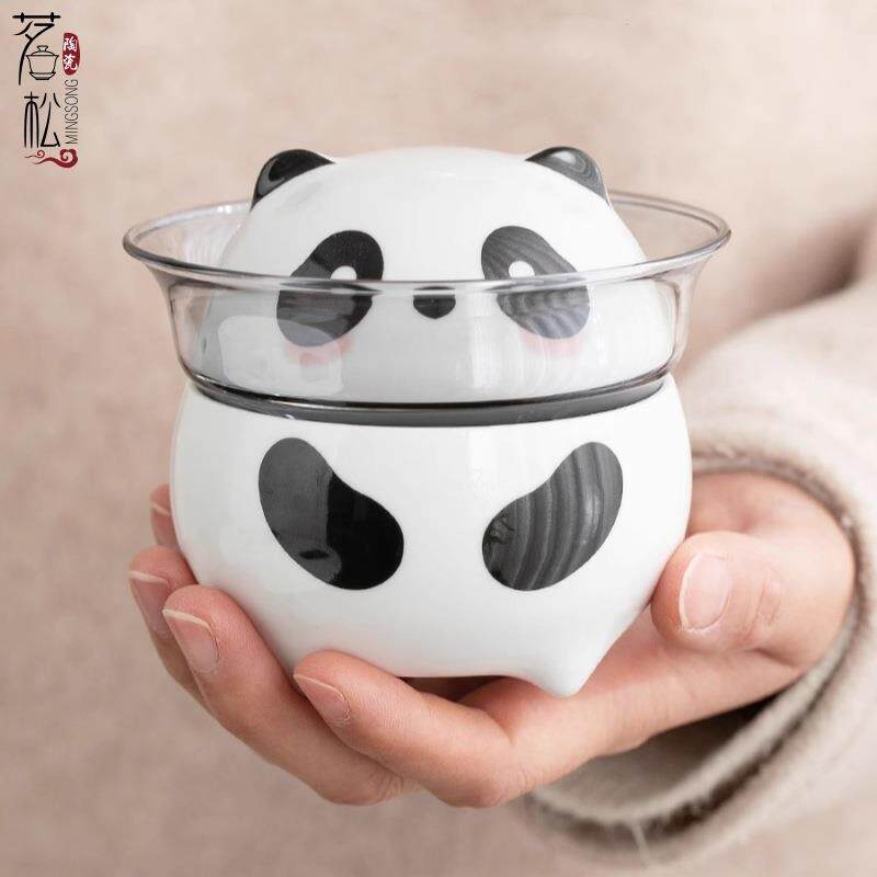 创意卡通熊猫快客杯一壶三杯便携式旅行陶瓷茶具户外可爱泡茶杯子
