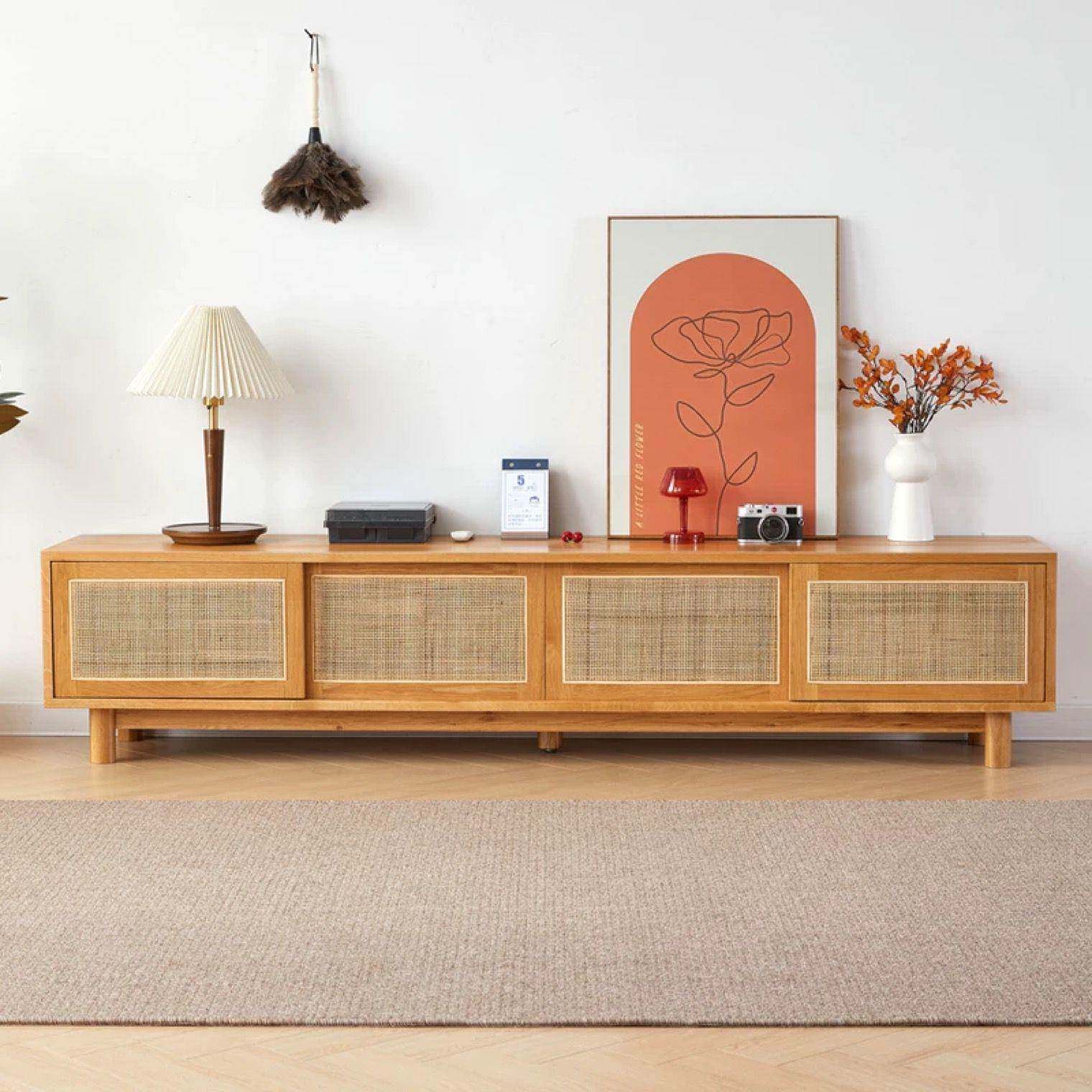 全实木黑胡桃木电视柜简约现代樱桃木复古藤编推拉门白橡木视听柜