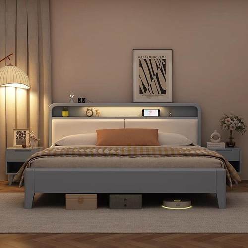 fLE北欧实木床现代简约多功能家用主卧双人床小户型气压高箱储物