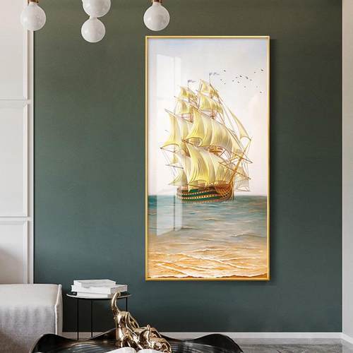 一帆风顺玄关过道装饰画办公室入户进门现代简约走廊竖版帆船壁画