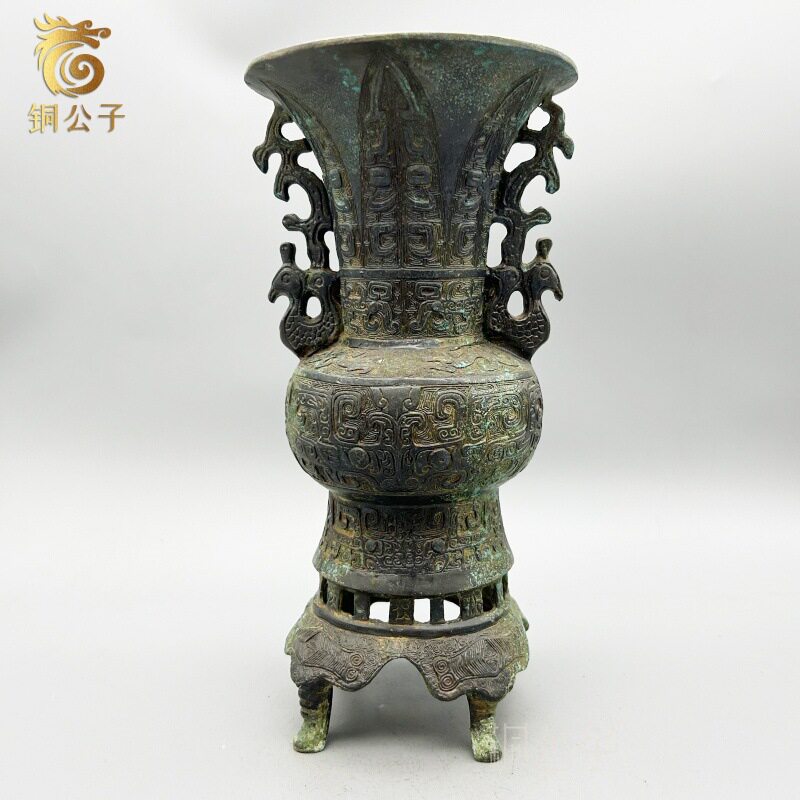 双凤瓶仿古青铜器工艺品摆件铜壶酒樽储酒器复古花瓶收藏艺术品
