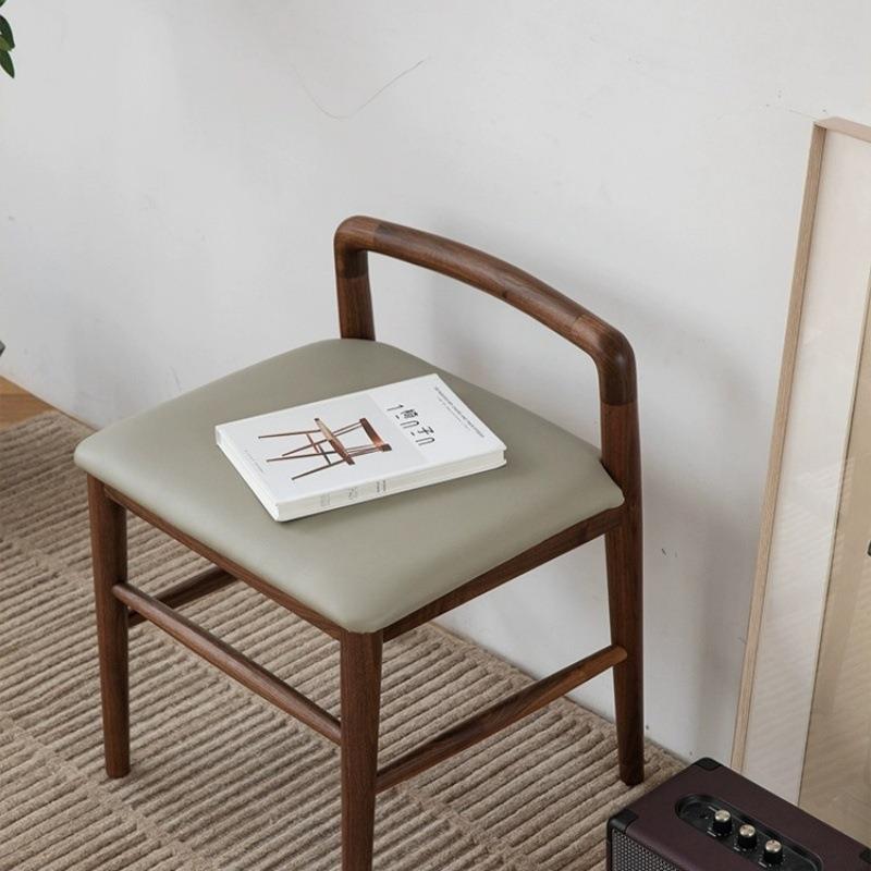 黑胡桃木梳妆凳北欧简约矮凳客厅家用实木软包坐垫化妆凳日式方凳