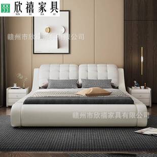 主卧室高端大气真皮床1米8双人床2米储物现代简约科技布实木婚床