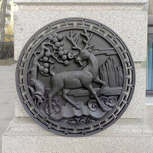 松鹿图圆形70cm塑料仿砖雕复古建筑新中式影壁树脂院墙装饰大挂件