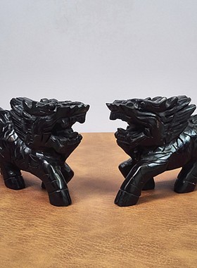 天然黑玉麒麟一对摆件黑曜石玉石送子麒麟玉雕家居办公工艺品摆设