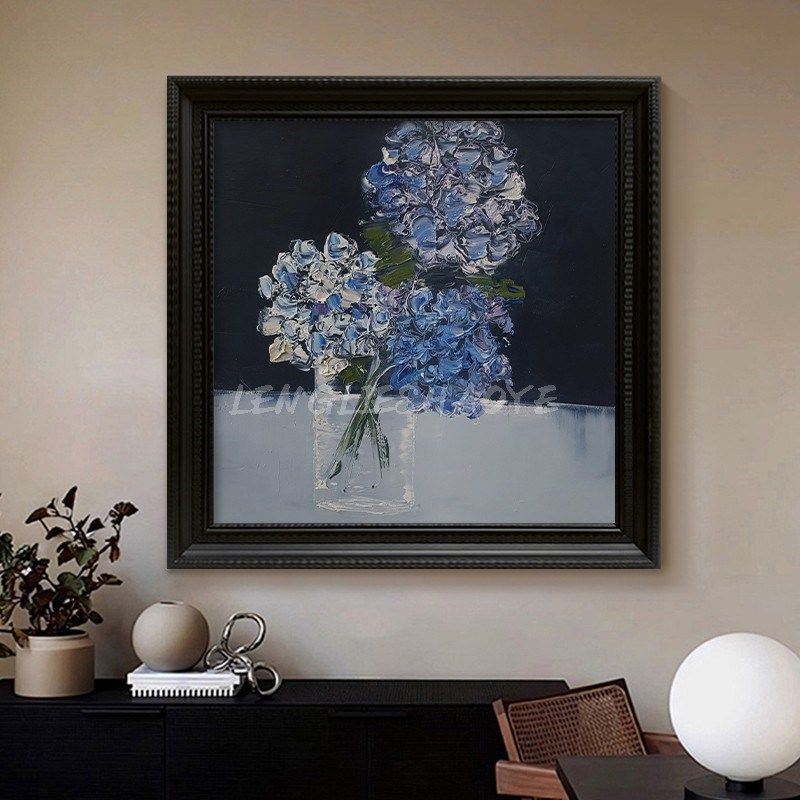 手绘油画抽象肌理花卉客厅卧室艺术装置高级感蓝色玫瑰装饰品挂画