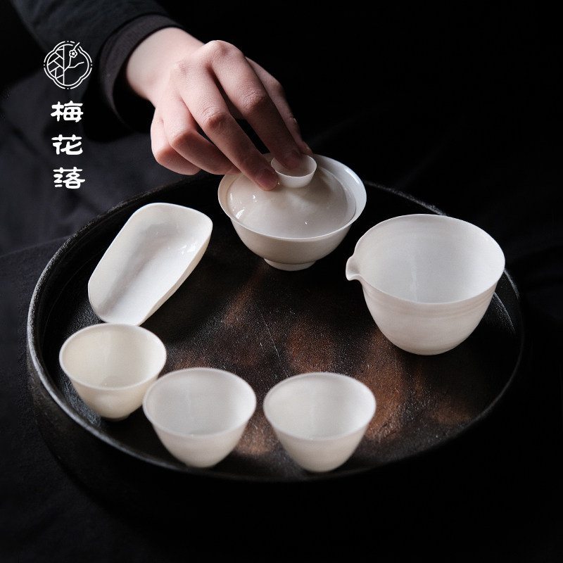 梅花落仿古手拓盖碗白瓷薄胎茶杯骨瓷茶则公道杯不烫手苏丽君手作
