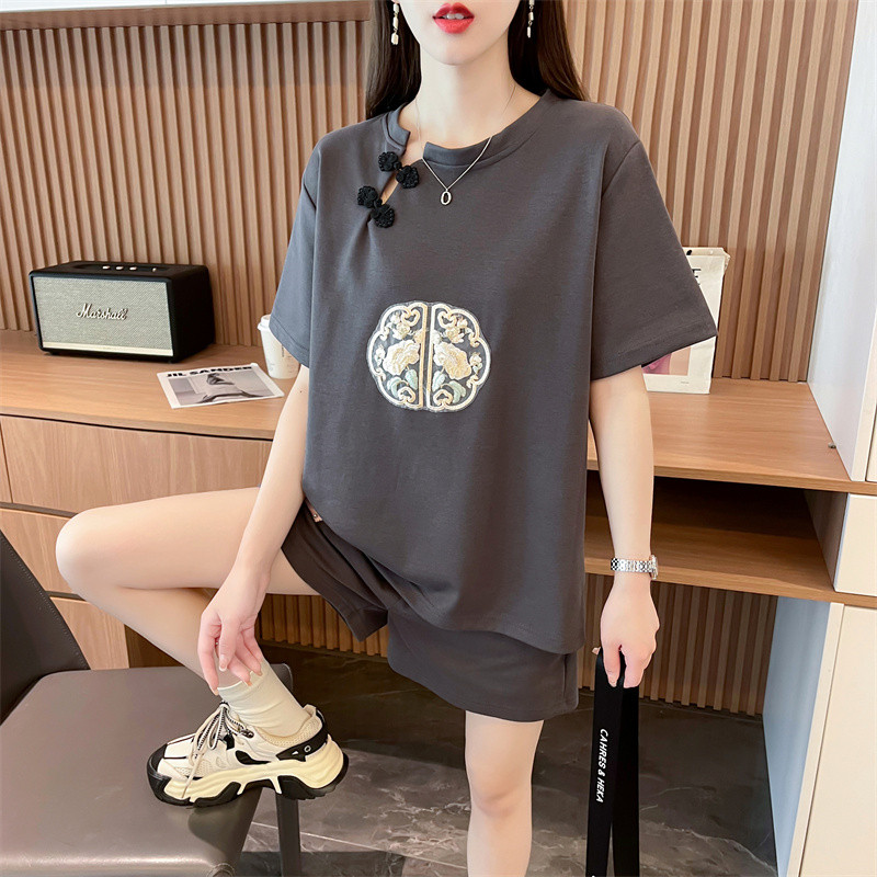 超好看爆款中国风纯棉t恤套装女2025大码洋气减龄短袖短裤两件套