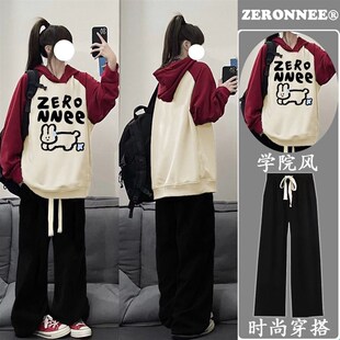 初中生秋冬季套装女2023新款学院风宽松加绒连帽运动衫阔腿裤两件