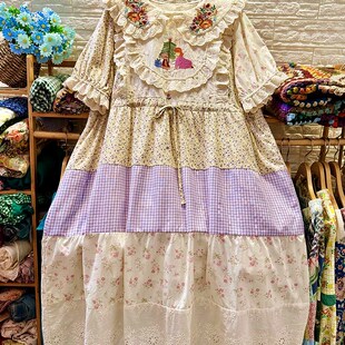 拼布长裙/童趣刺绣翻领夏季碎花拼接连衣裙长款短袖大码收腰印花