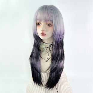 暹罗猫假发亚文化亚比水母头高层次y2k长发银色渐变紫黑色公主切