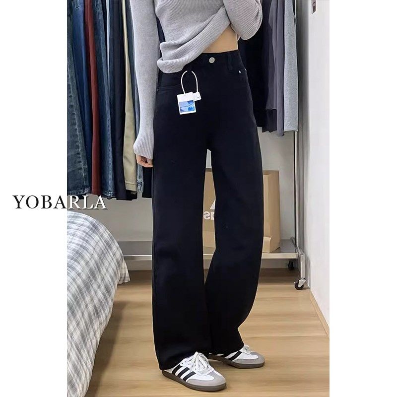 黑色直筒牛仔裤女秋冬新款加绒大码胖mm高腰宽松显瘦窄版阔腿裤子