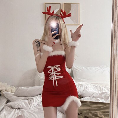 姐姐我骄纵圣诞喵毛毛边套装吊带裙女2021秋冬款连衣裙晚会裙