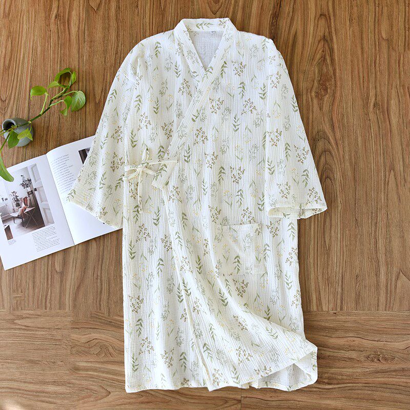 全棉田园绉布睡袍和服浴袍女春秋夏季纯棉纱布双层薄款家居服睡衣