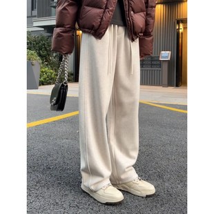 2024秋冬加绒裤子米白色弯刀裤女宽松极简弧线休闲裤显瘦阔腿裤子