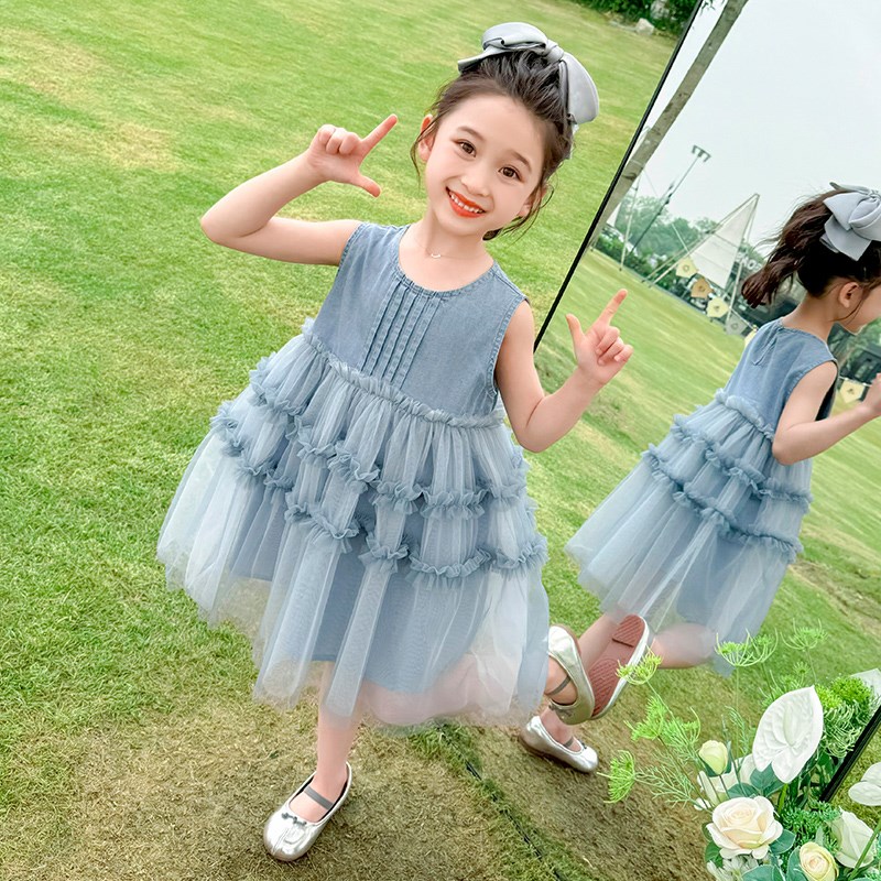 儿童牛仔纱裙夏季2024新款女童洋气时髦网纱连衣裙女孩背心裙夏款