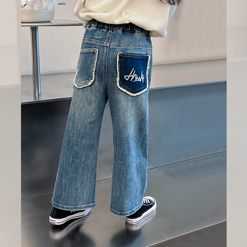 女童毛边牛仔裤儿童直筒休闲裤宽松大童装洋气长裤子2024春装新款