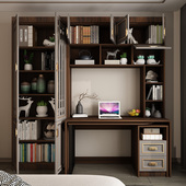 新中式 电脑桌多功能书架学习桌定制 书柜书桌一体桌组合台式