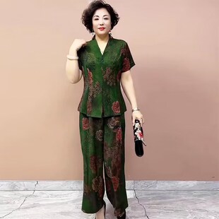 气质中年妈妈夏装套装2023新款50岁中老年女装短袖上衣洋气两件套