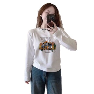 白色纯棉长袖t恤女装2024新款春秋冬季高级感加绒打底衫宽松上衣