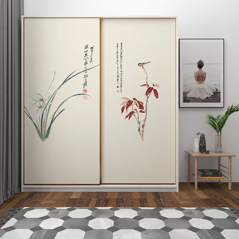 中式高端花鸟兰花图卧室衣柜自粘贴纸推拉门翻新改造防水防潮墙贴