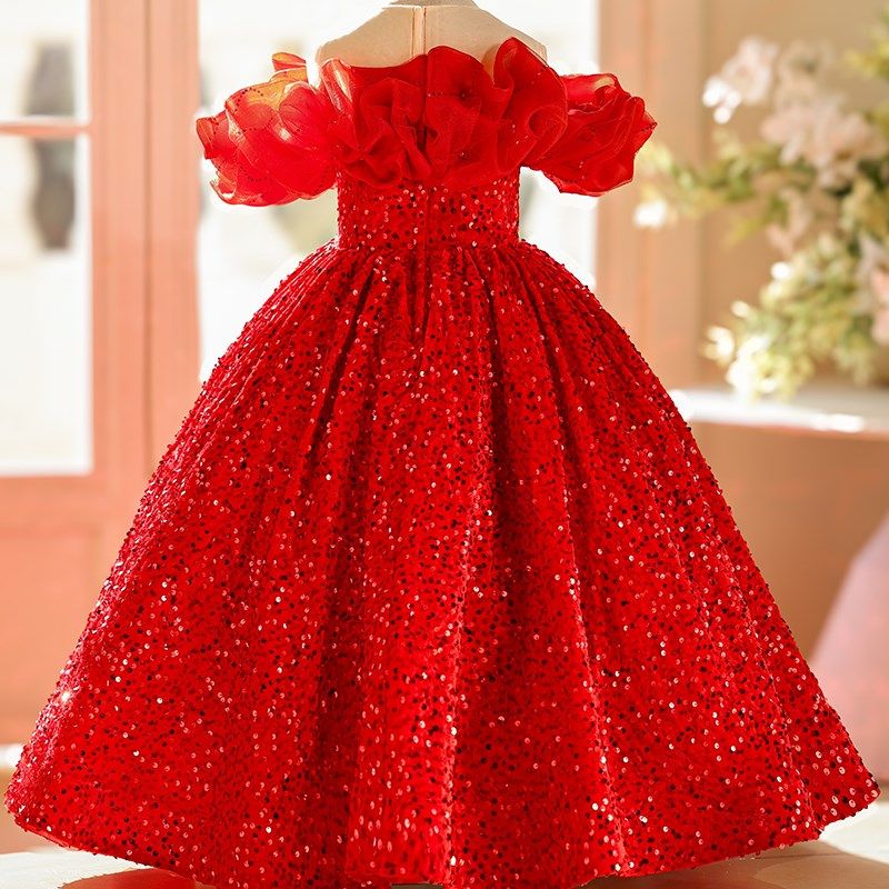 女童礼服公主裙红色T台走秀主持人儿童礼服钢琴演出服婚礼花童服