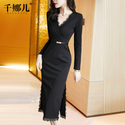 黑色长裙连衣裙秋装2021新款女长袖V领修身显瘦气质过膝包臀裙子