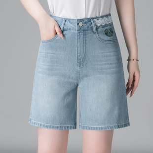 宽松显瘦小个子后松紧腰蓝色直筒中裤 薄款 女夏季 高腰牛仔五分短裤