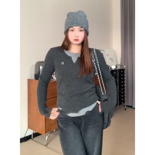 大码 T恤女春秋季 修身 显瘦打底上衣 胖mm设计感假两件拼接撞色长袖